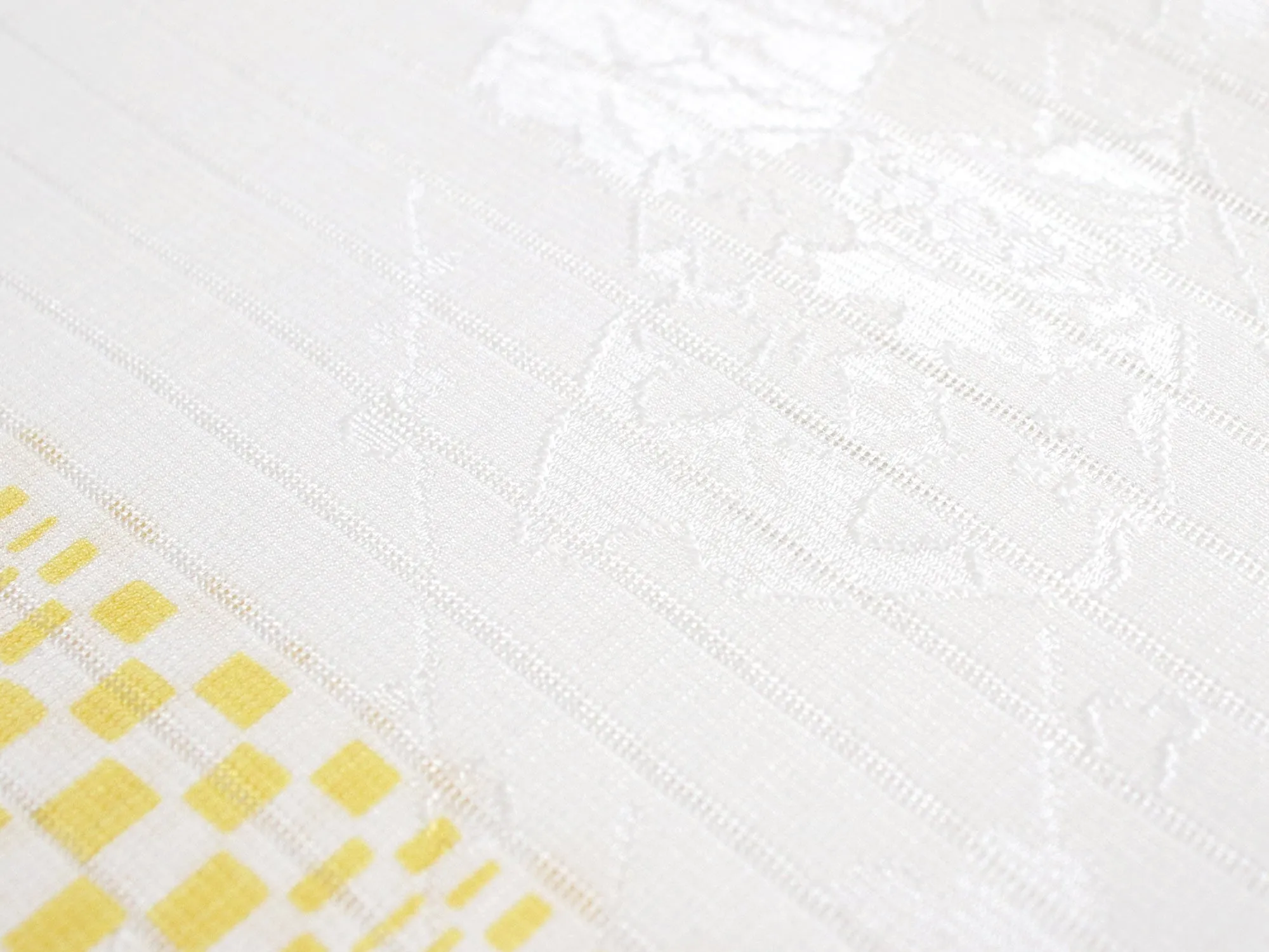 Silk Obiage,Covering Sash; Sha Leno - White x Yellow Geometric