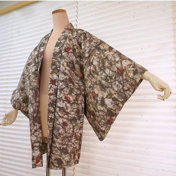 Vintage Haori Kimono Jacket Silk, ivory base, Geometric Patterns
